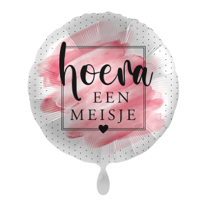 witte achtergrond met zilveren ballon met roze verfstrepen en stippen en zwarte tekst hoera een meisje erop