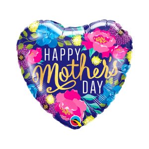 hartvormige ballon met blauwe basis en meerkleurige bloemen en de tekst 'happy mothersday' op een witte achtergrond