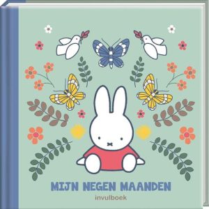 afbeelding van de voorkant van een boek in retro blauw en groene achtergrond met takjes/blaadjes/vlinders en vogels rondom een afbeelding van Nijntje boven de tekst mijn negen maanden