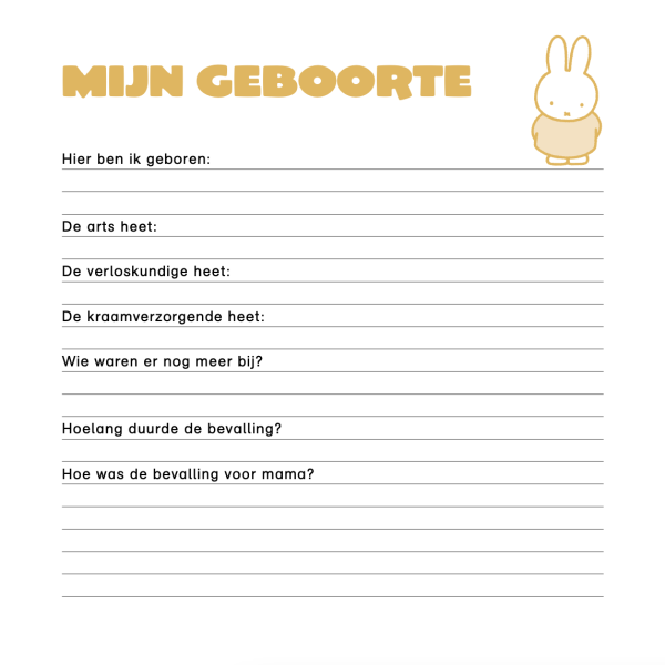 Lichtgele pagina met donkergele koptekst Mijn geboorte en eronder regels om informatie in te vullen rondom de geboorte en rechts staat een nijntje bovenaan de pagina
