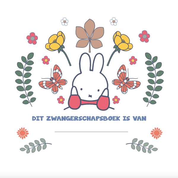 Witte achtergrond met Nijntje torso leunend op ellebogen in het midden, omgeven door bloemen en vlinders en eronder staat de tekst dit zwangerschapsboek is van met een lege regel eronder
