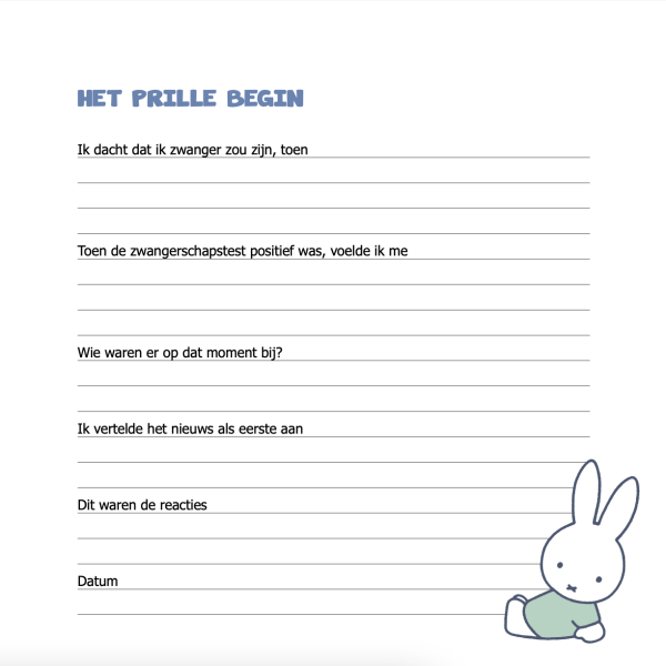 witte pagina met middelblauwe dikke tekst bovenaan die zegt het prille begin en eronder ruimte om informatie in te vullen