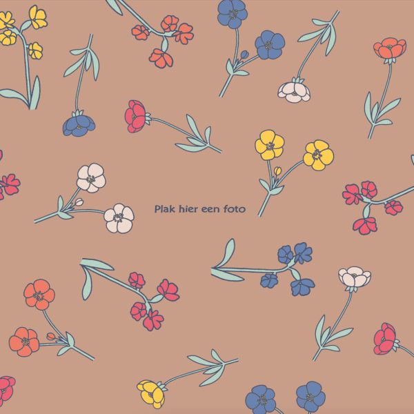 taupe kleurige achtergrond met gekleurde bloemen verspreid over de hele pagina en in het midden tekst die zegt plak hier een foto