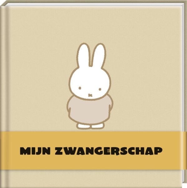 Geel/beige kaft met een donkergele band op ongeveer een kwart van het boek horizontaal waar met zwarte letters de tekst staat ' mijn zwangerschap' in het midden staat een nijntje met de handjes op de rug