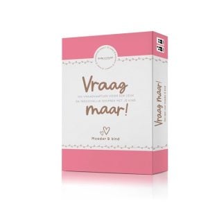 een witte achtergrond met in het midden het doosje met een boven en onderrand in roze en een witte middenstrook met de tekst Vraag maar