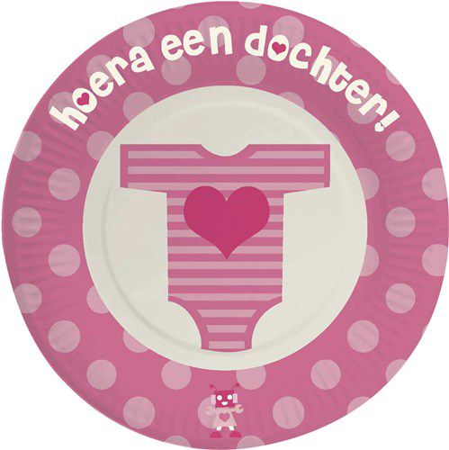 rond bord met roze rand en lichtere roze stippen erin, in het midden een rompertje in roze gestreepte tinten en een hartje waarbij op de rand van het bord de tekst hoera een dochter staat.